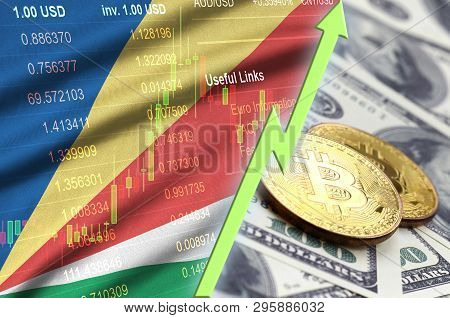 Seychelles Flag And Cryptocurrency Growing Trend With Two Bitcoins On Dollar Bills