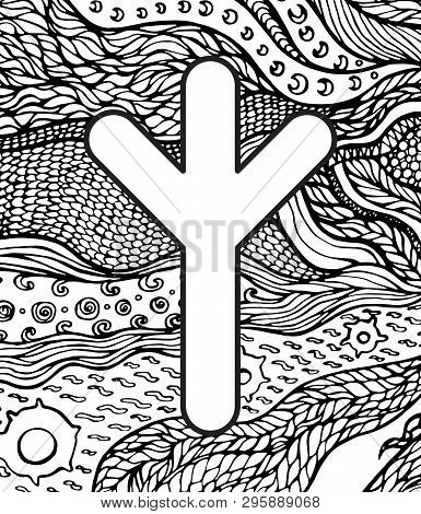 Ancient Scandinavic Rune Aelghiz With Doodle Ornament Background. Coloring Page For Adults. Psychede