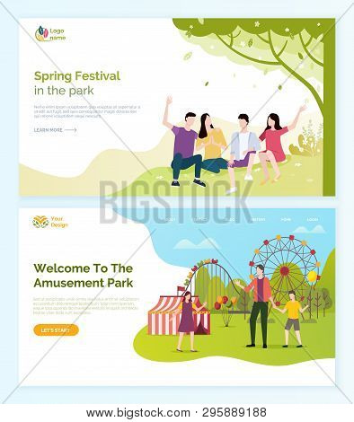 Welcome To Amusement Park Vector, People Having Fun At Spring Festival. Man And Woman Friends Laughi