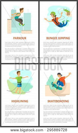 Highlining And Skateboarding Person Vector, Man Holding Balance, Bungee Jumping Woman. Skateboarder 