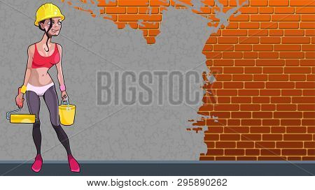 Cartoon Girl In A Helmet With A Roller And A Bucket Against The Background Of An Unpainted Wall
