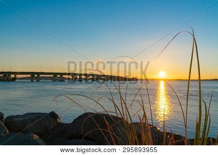 Sunrise  Glows Across Tauranga Harbor With Curving Lines Of Harbor Bridge From Rocky Foreshore