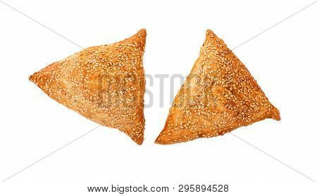 Puff Pastries With Meat, Samosa, Oriental Asian Cuisine.   Samosas Snack On White Background.  Asian