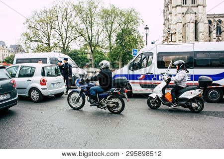 Paris France April 16, 2019 View Of A French Police Car Parked Near The Notre Dame Cathedral In Pari