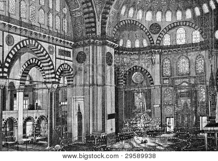 L'interno della Moschea di Solimano il magnifico a Istanbul (Turchia). Incisione di Schyubler. Pubblicato in maga
