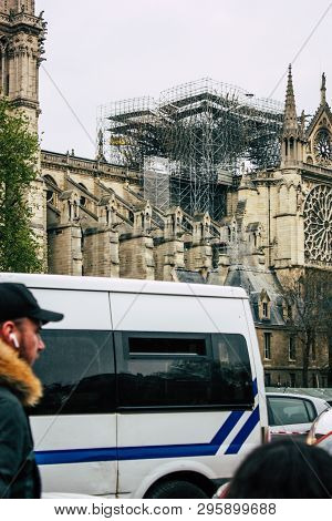 Paris France April 16, 2019 View Of A French Police Car Parked Near The Notre Dame Cathedral In Pari