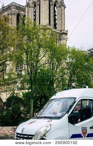 Paris France April 16, 2019 View Of A French Police Car Parked Near The Notre Dame Cathedral In Pari