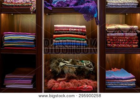 Beautiful Colorful Handmade Pashmina Shawls Decorated With Glittering Precious Stones And Furs Lie O