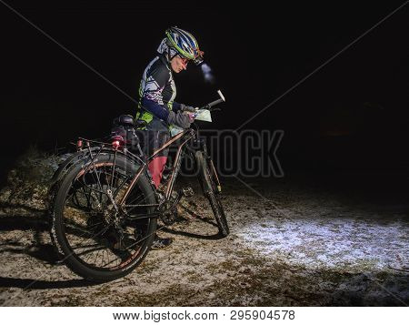 Winter Night Extreme Bike Racer Control Navigation And The Map.  January 25th 2019, Novy Bor, Czech 