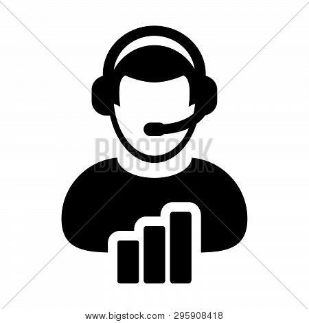Customer Service Icon Vector Male Data Support Person Profile Avatar With Headphone And Bar Graph Fo