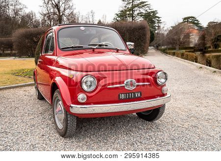 Varese, Italy - March 2, 2019: The Front Of The Red Classic Vintage Italian Fiat 500, Parked In The 