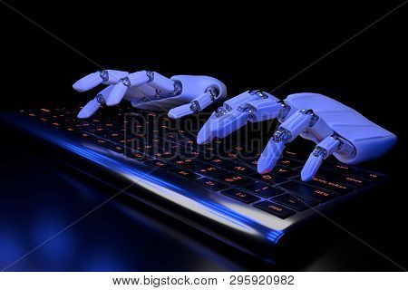 Bionic Hands Typing On Keyboard. Robotic Arm Cyborg Using Computer. 3d Render Illustration. Bionics 