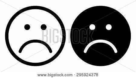Sad Face Icons. Unhappy Face Symbols. Flat Style. Black And White Vector Illustration.