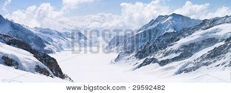 Panorama Scenic of Great Aletsch Glacier Jungfrau region,Part of Swiss Alps Alpine Snow Mountain Landscape at Switzerland.