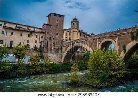 Caetani Castell And Fabricio Bridge At Rome/lazio/italy