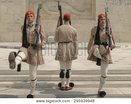 Athens, Greece- September, 16, 2016: Evones Guards March Towards The Camera At The Parliament In Ath