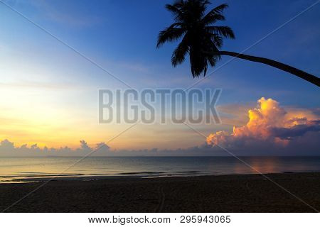 Sunrise With Shadow Coconut On Beach At Thung Wua Lan Beach, Chumphon Province Thailand