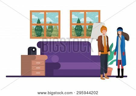Couple Living Room With View The Landscape By Window Vector Illustration Desing