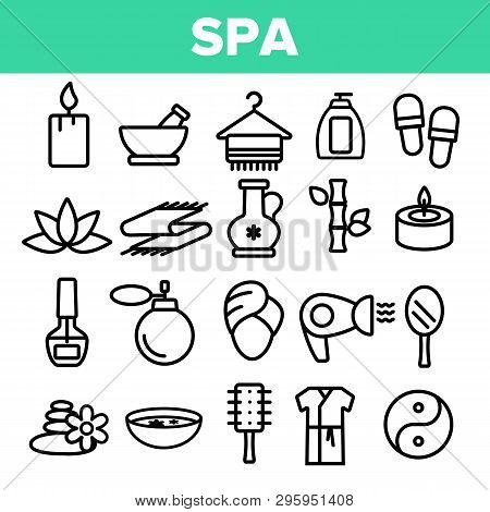 Spa Beauty Service Linear Vector Icons Set. Spa Treatments Thin Line Contour Symbols. Asian Therapy,