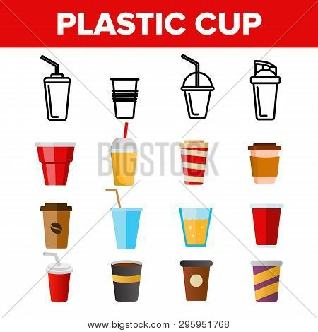 Disposable Plastic Cup Linear Vector Icons Set. Coffee To Go Cup Thin Line Contour Symbols Pack. Tak