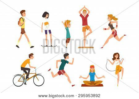 People Doing Physical Activity Outdoors, Men, Women And Kids Running, Walking, Skateboarding, Cyclin