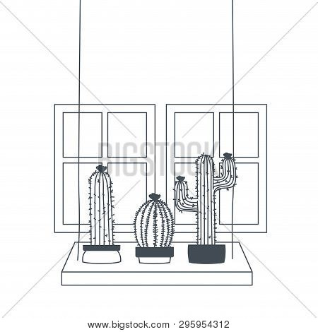 Cactus With  Potted On Shelf Isolated Icon Vector Illustration Design