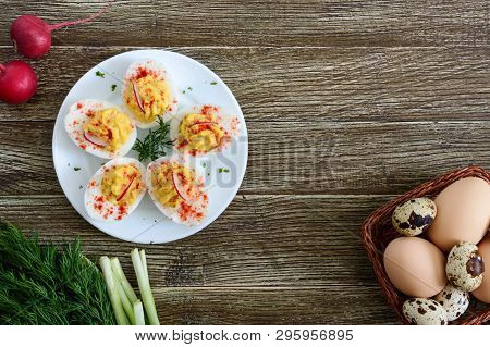 Deviled Eggs. Delicious Appetizer. Boiled Eggs Stuffed With Yolk, Mustard, Mayonnaise, Paprika. Clas