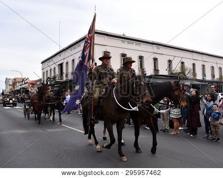 Bowral, Australia - Sept 22, 2018. Tulip Time Street Parade Features Classic And Vintage Cars, March