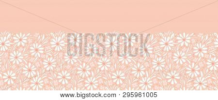 Monochrome Hand-painted Daisies And Foliage On Peach Pink Background Horizontal Vector Seamless Bord