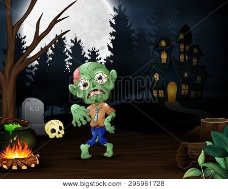 Happy Zombie Outdoors With Haunted House Background