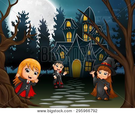 Illustration Of Kids Wearing Halloween Costume Outdoors In The Night