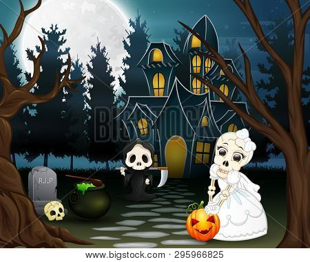 Cartoon Of Grim Reaper And Skull Bride In The Halloween Day