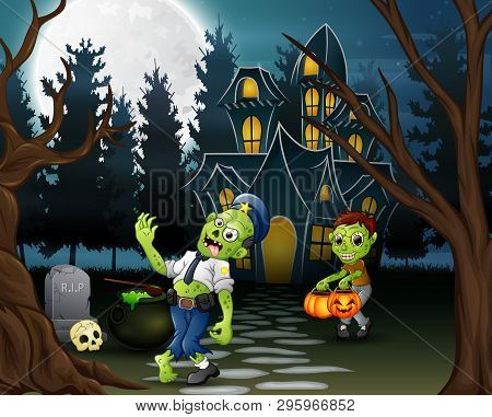 Cartoon Of Two Zombie In Front Of The Haunted House