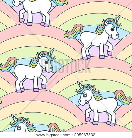 Seamless Funny Pattern With Cute Fantasy Unicorns On Rainbows