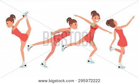 Woman Figure Skater . Winter Sports. Skater Female. Different Poses. Flat Cartoon Illustration