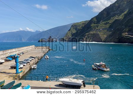 Porto Moniz, Madeira, Portugal - April 18, 2018: Fishing Port And Marina In Porto Moniz On The North