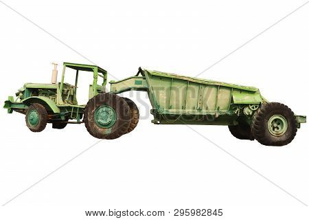 Antique Tractors With Tipping Trailer Vintage, Mining Transportation Isolated On White Background Hi