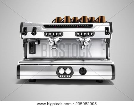 Professional Coffee Machine With Coffee Cups 3d Render On Gray Background With Shadow