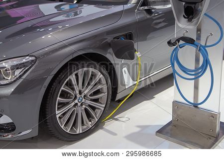 Nonthaburi, Thailand - April 3, 2019: Bmw With Charging Point Presented In Motor Show 2019