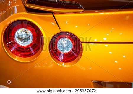 Nonthaburi, Thailand - April 3, 2019: Rear Lights Of Nissan Skyline Gtr Presented In Motor Show 2019