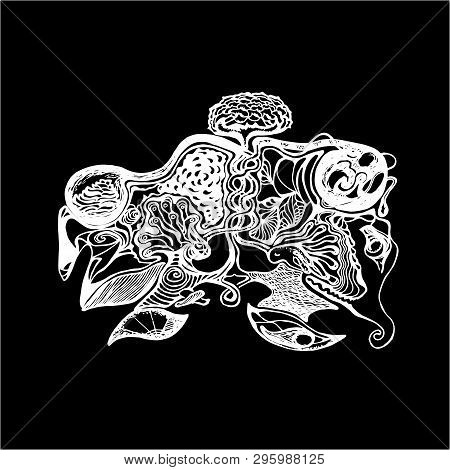 A Drawing With Two Souls That Tripe In One Another. Cosmos, Lotus, Ghosts. Psychedelic Illustration.