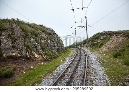 Rack Railway In The Fog. La Rhune, Basque Mountain, France