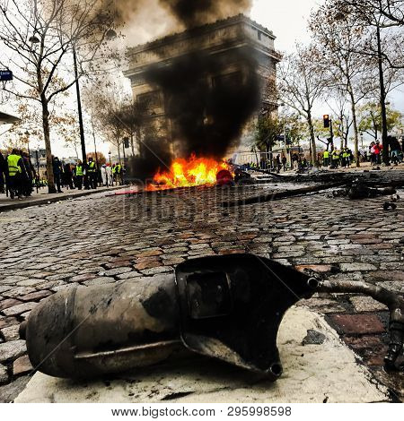 Paris, France - 12 January 2019. Demonstrators During A Protest In Yellow Vests. Yellow Vest Is A Sy
