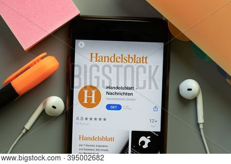 New York, United States - 7 November 2020: Handelsblatt Nachrichten App Store Logo On Phone Screen, 