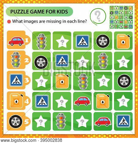 Sudoku Puzzle. What Images Are Missing In Each Line? Car Wheel And Pump, Canister With Petrol, Vehic