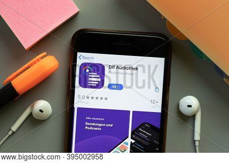 New York, United States - 7 November 2020: Dlf Audiothek App Store Logo On Phone Screen, Illustrativ