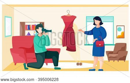 Photographer Takes A Picture Of A Woman Fashion Designer In A Sewing Workshop Interior For Fashion M