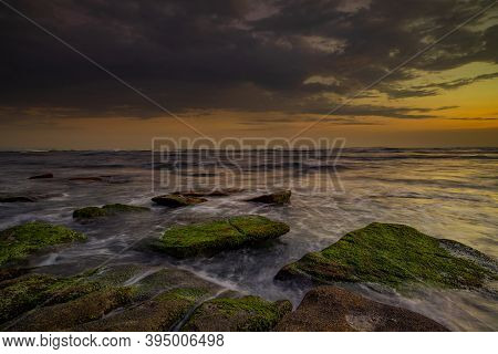 Amazing Seascape With Motion Waves. Waterscape Background. Moving Water. Nature Concept. Sunset Scen