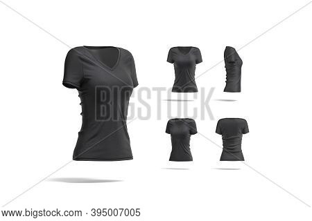 Blank Black Women Slimfit T-shirt Mockup, Different Views, 3d Rendering. Empty Fit Undervest Model F