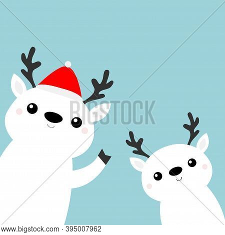 Merry Christmas. Two White Raindeer Deer Head Face Icon Set. Cute Cartoon Kawaii Baby Character. Red
